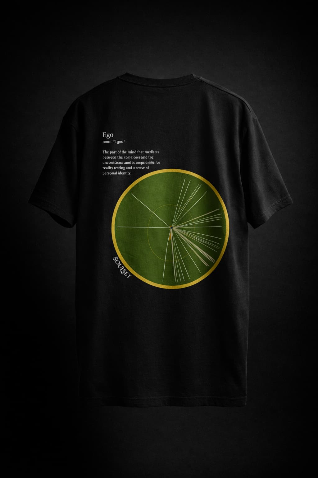 Black t-shirt with a green circular design on the back against a dark background