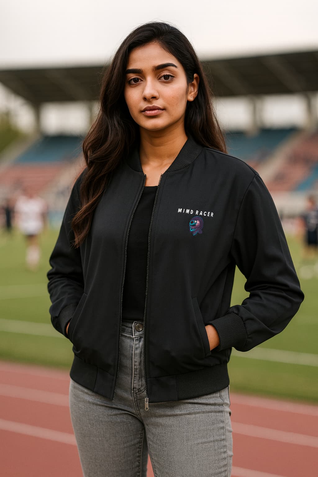 Woman wearing a black bomber jacket with a logo on a sports field