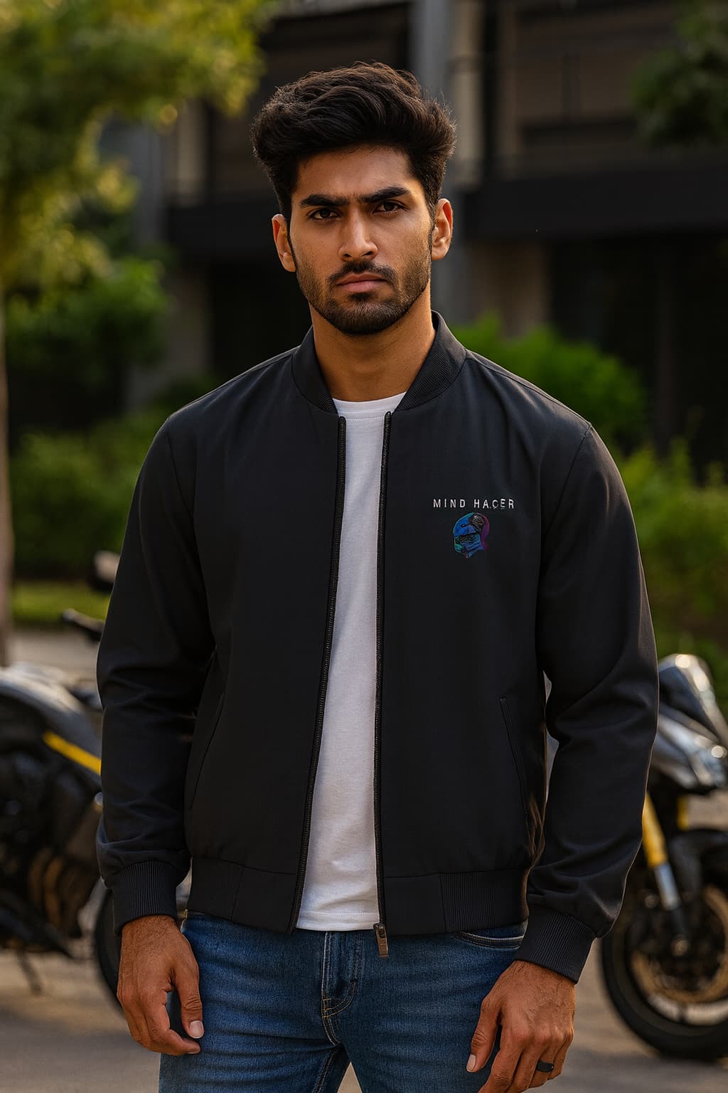 Man wearing a black bomber jacket with a logo, standing outdoors with blurred background