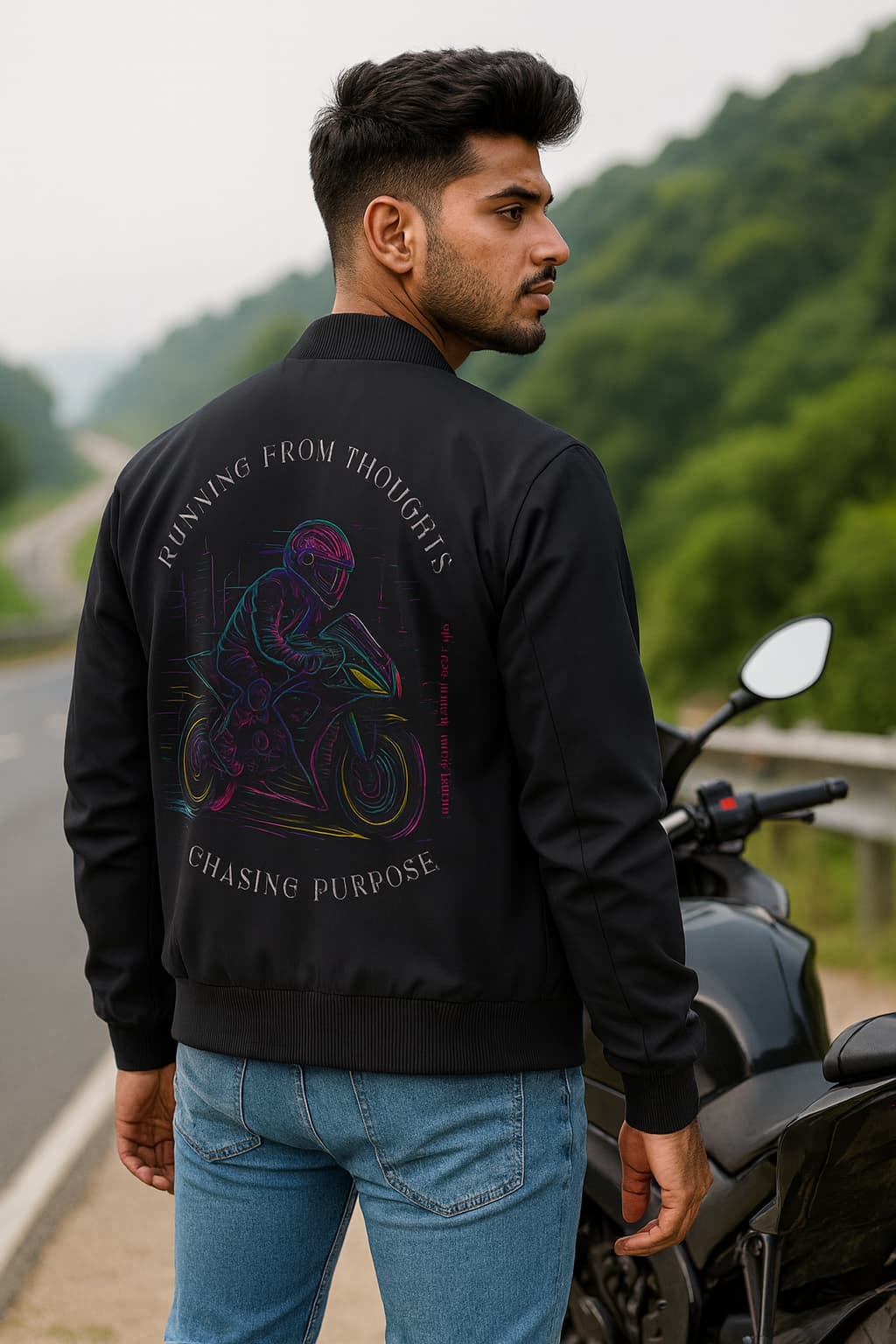 Man wearing a black jacket with a colorful graphic and text, standing next to a motorcycle in a scenic location.