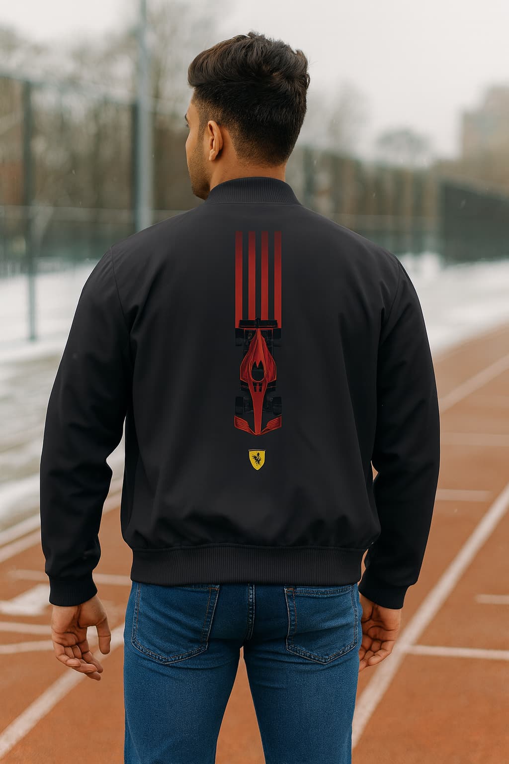 Person wearing a black jacket with a red and yellow logo on the back, standing on a track.