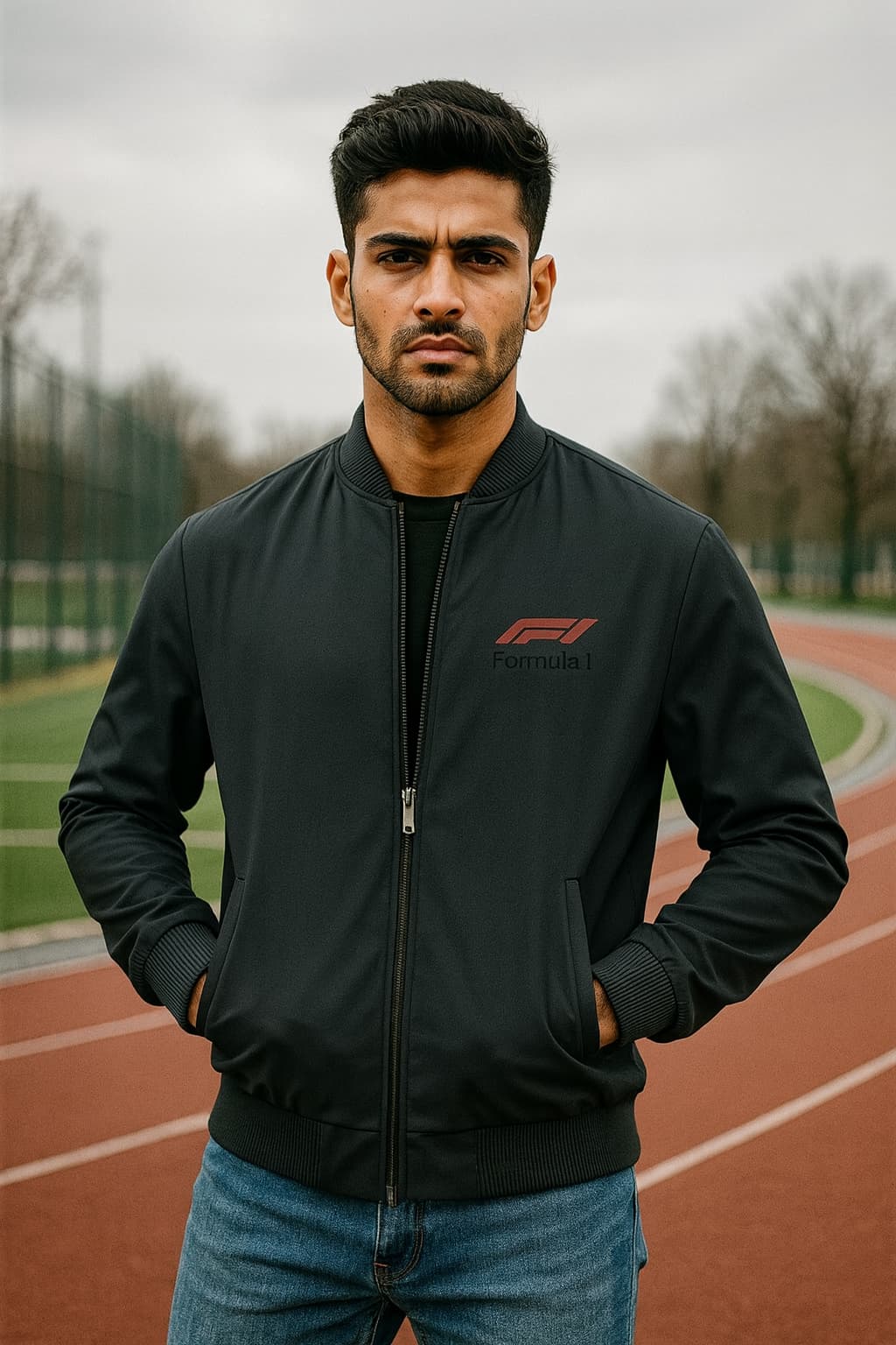 Man wearing a black bomber jacket with a logo on a track