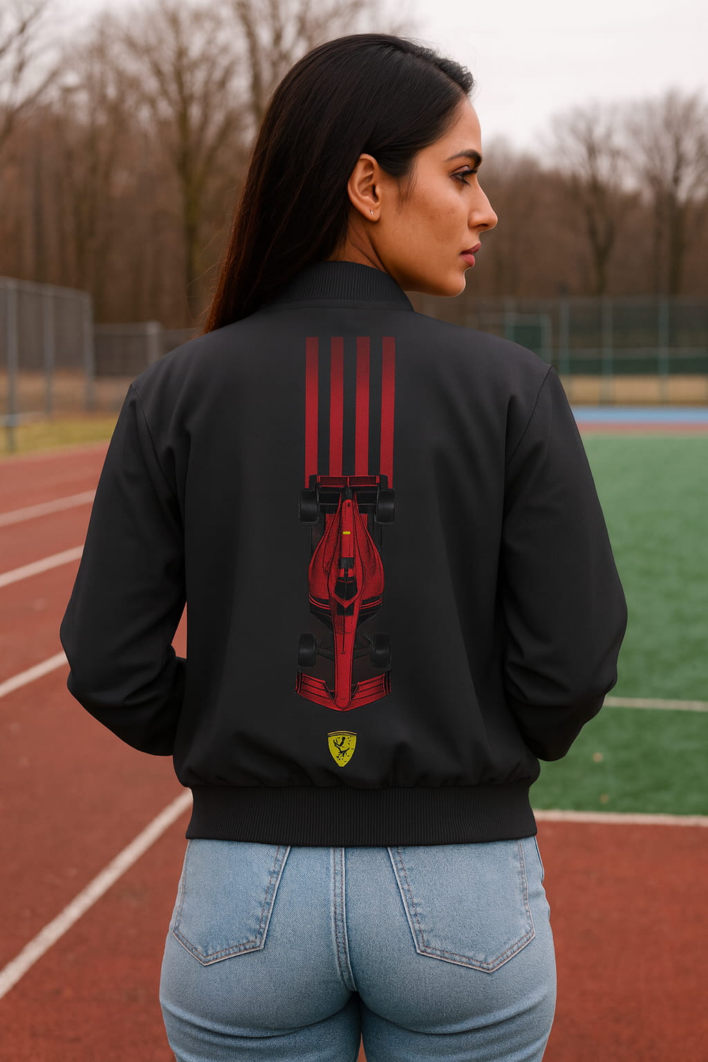 Person wearing a black jacket with a red design on the back, standing on a track.