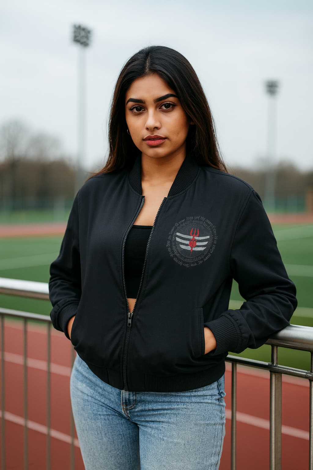 Woman wearing a black bomber jacket with a logo on a sports field
