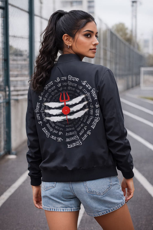 Woman wearing a black bomber jacket with a unique design on the back, standing on a track.