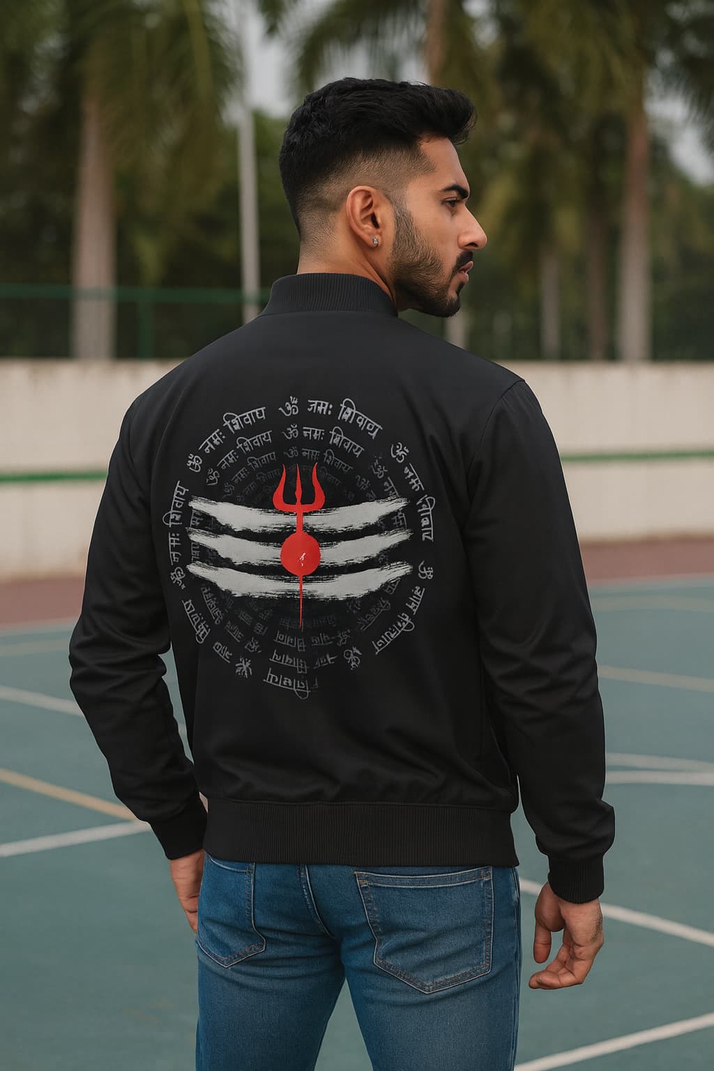 Man wearing a black jacket with a red and white design on the back, standing on a basketball court.