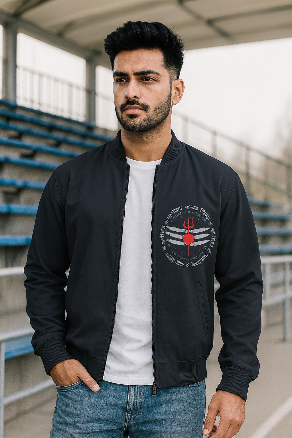 Man wearing a black bomber jacket with a white graphic design, standing in an outdoor setting.