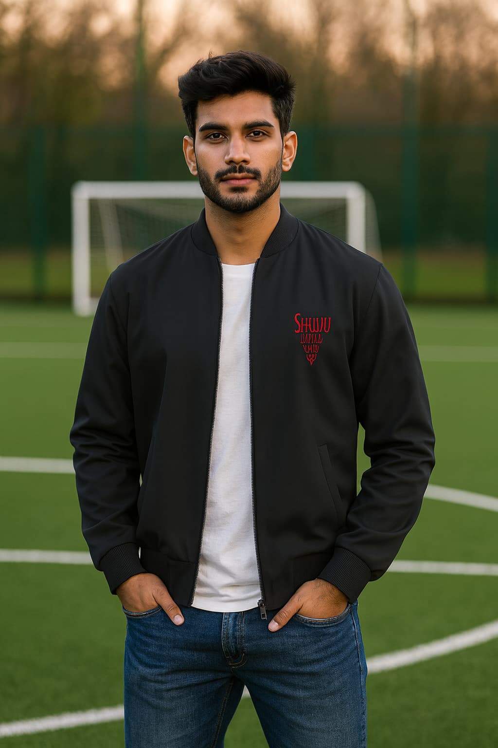 Man wearing a black bomber jacket with a red logo on a sports field