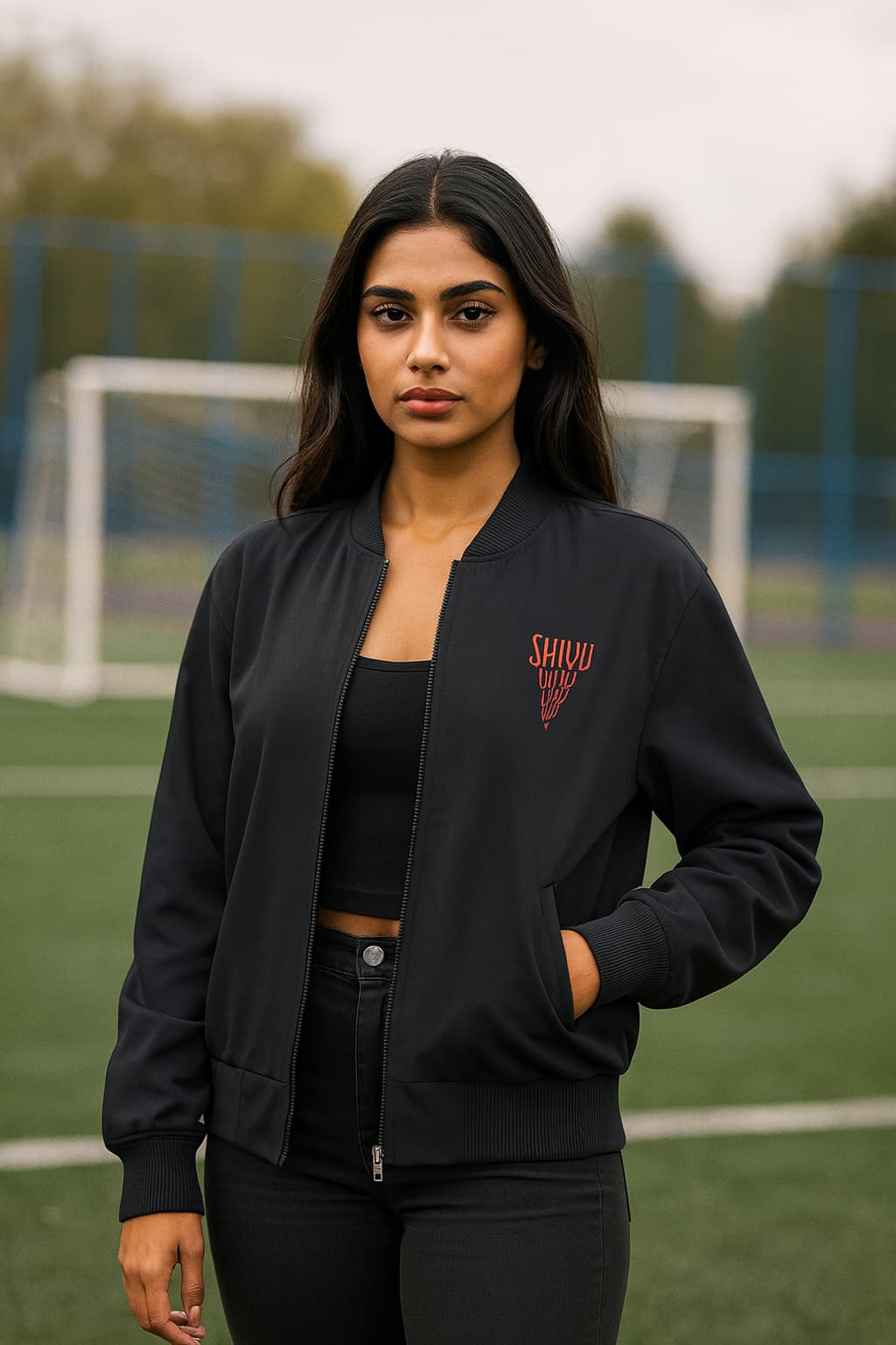 Woman wearing a black bomber jacket with a logo on a sports field