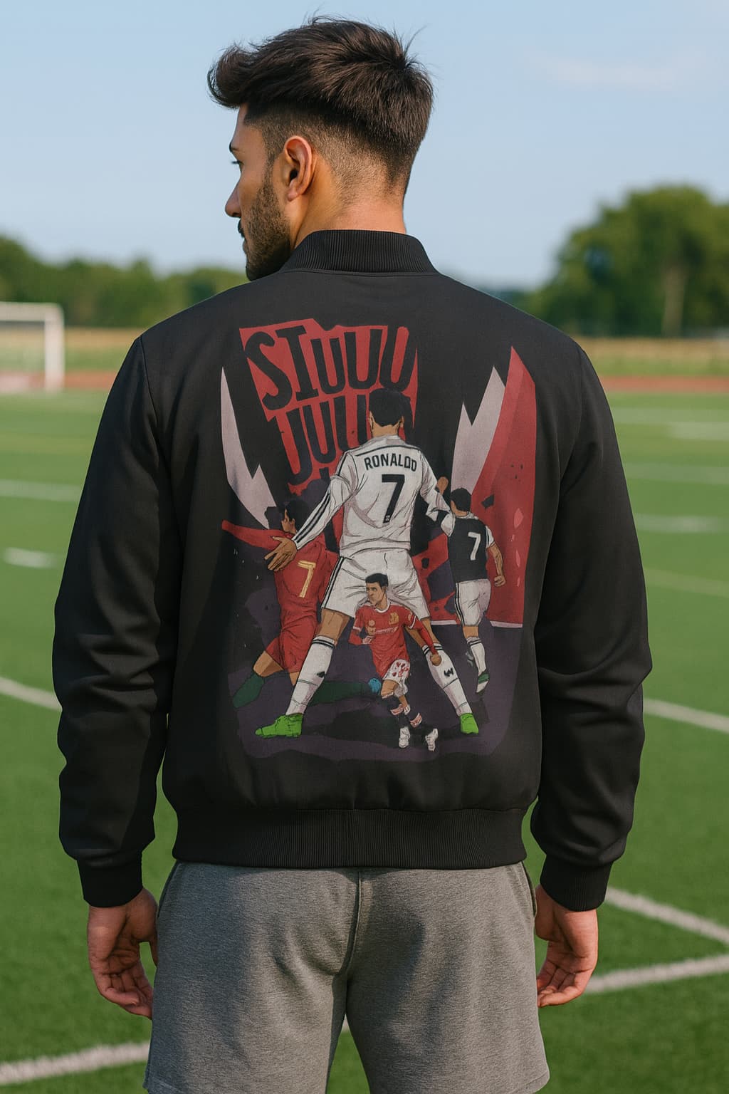 Person wearing a black jacket with a graphic design on the back, standing on a soccer field.