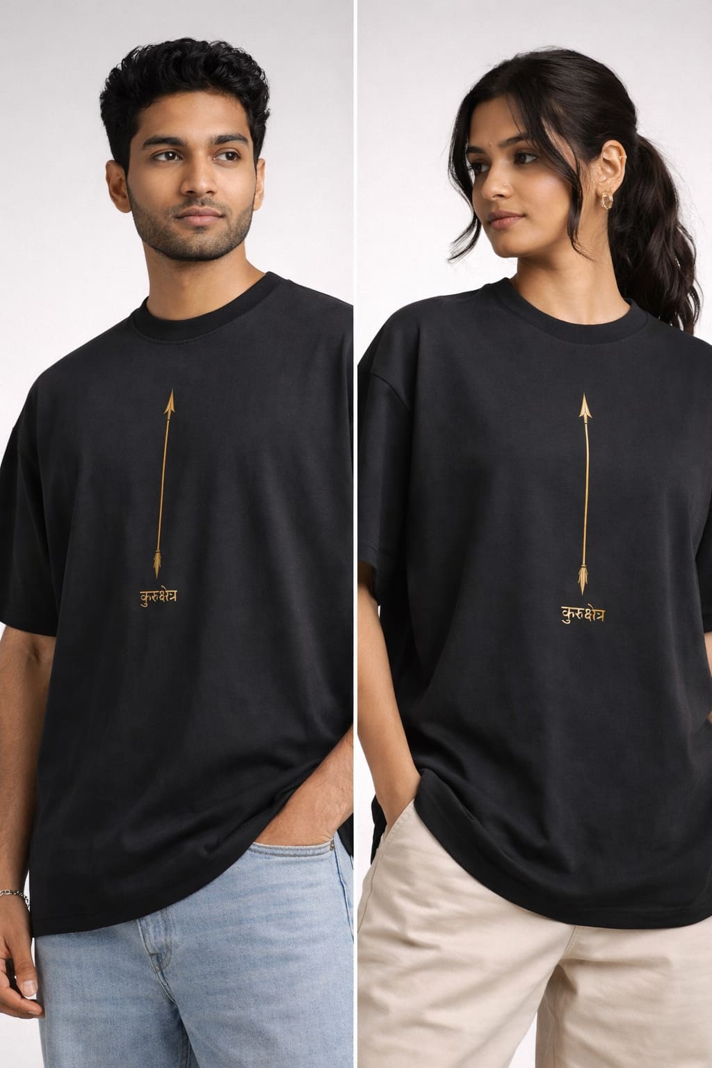 Two people wearing black t-shirts with a gold design on a white background
