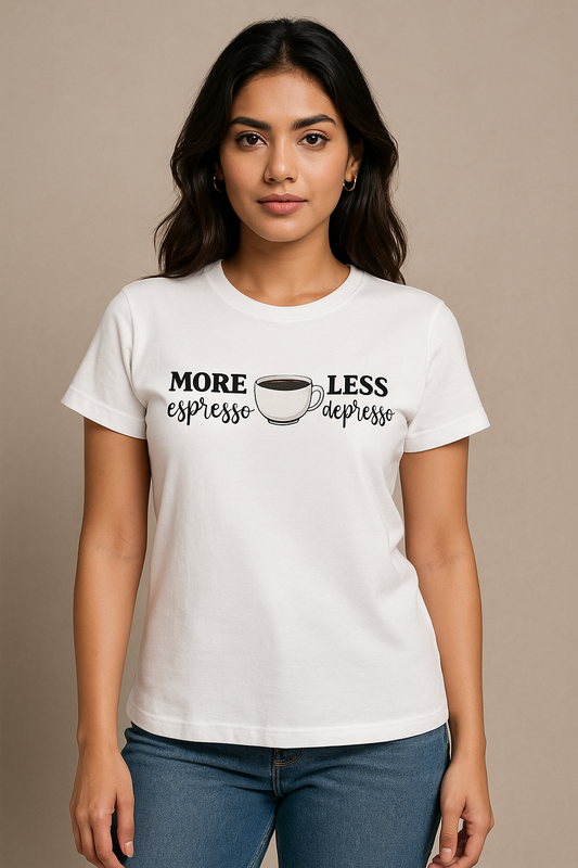 More Espresso Less Depresso t-shirt – cotton graphic tee with coffee quote design