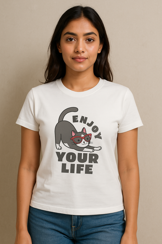 Cool Cat women’s t-shirt – cotton graphic tee with chill cat and enjoy your life quote
