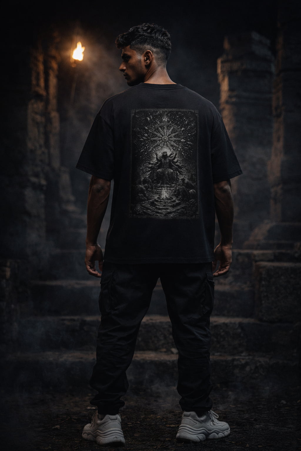 Person wearing a black t-shirt with a graphic design in a dark, possibly post-apocalyptic setting.