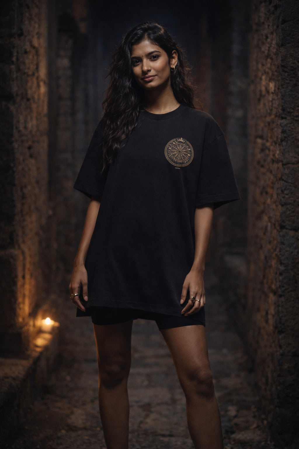 Woman wearing a black t-shirt with a logo in a dark, textured tunnel.