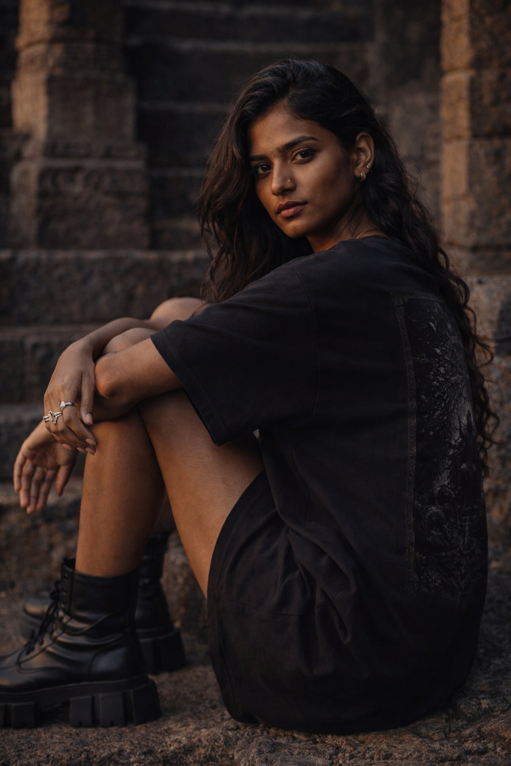 Woman in a black outfit sitting on stone steps with a dark, moody atmosphere.