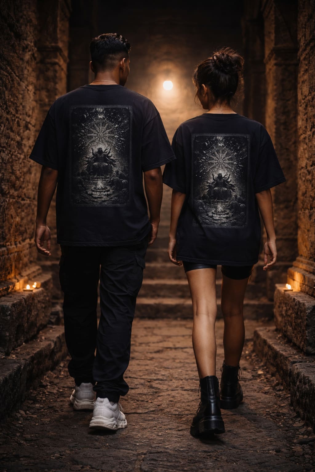 Two people wearing matching black t-shirts with a design on the back, walking in a dimly lit stone hallway.