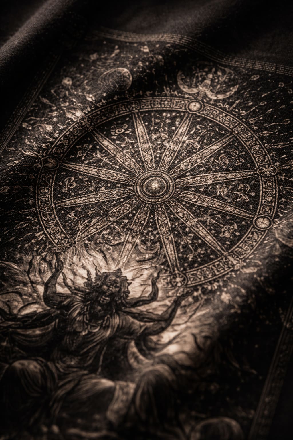 Decorative ceiling with starry design and classical figure in sepia tones