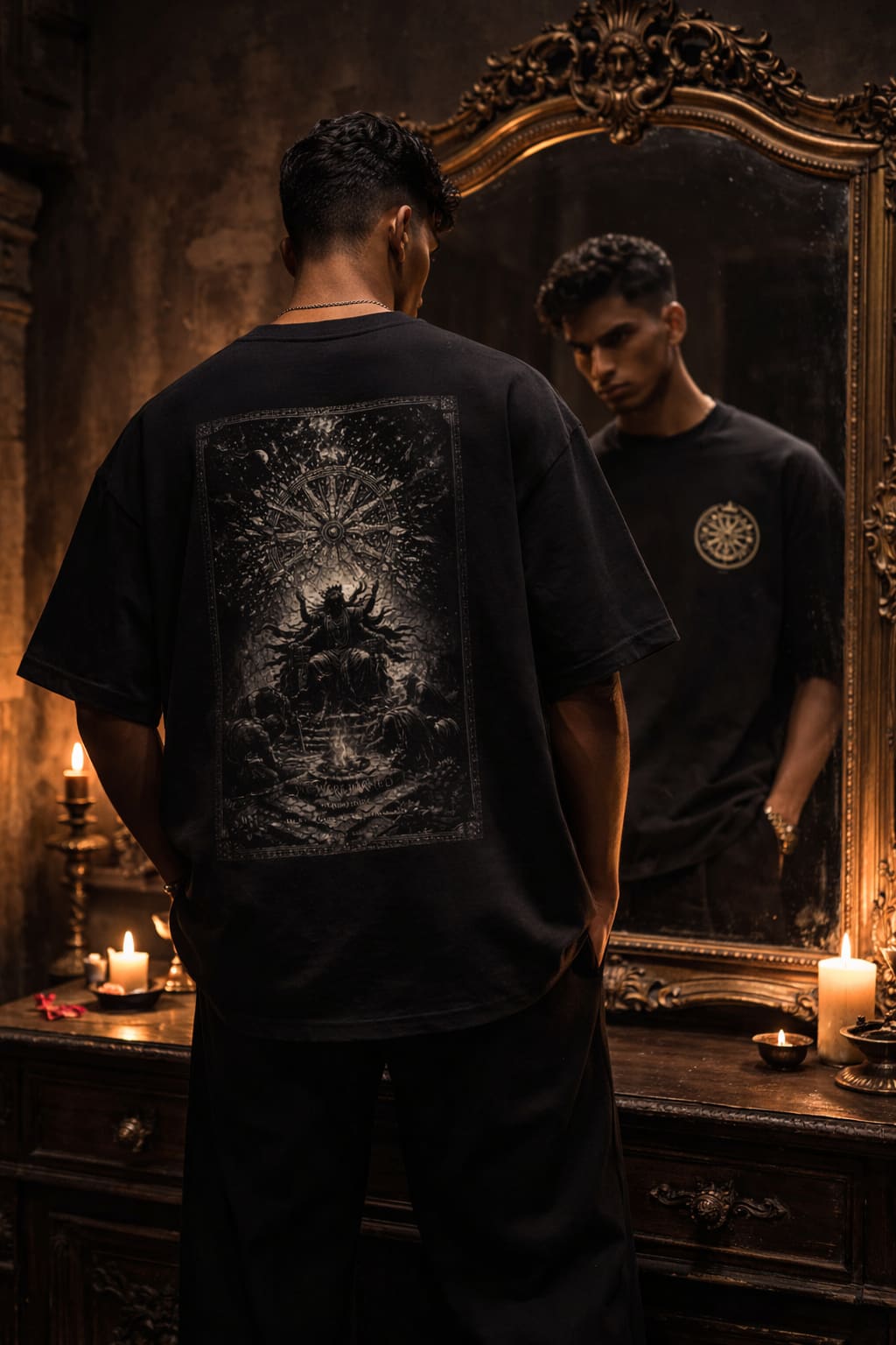 Person wearing a black t-shirt with a detailed design, standing in front of an ornate mirror in a dimly lit room.