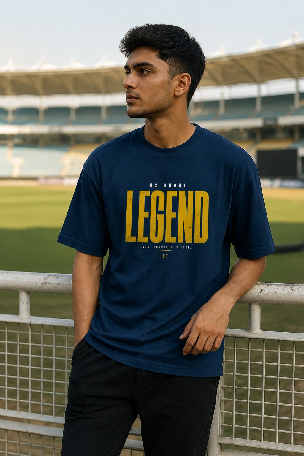Man wearing a navy blue t-shirt with 'LEGEND DHONI' printed in yellow at a stadium.
