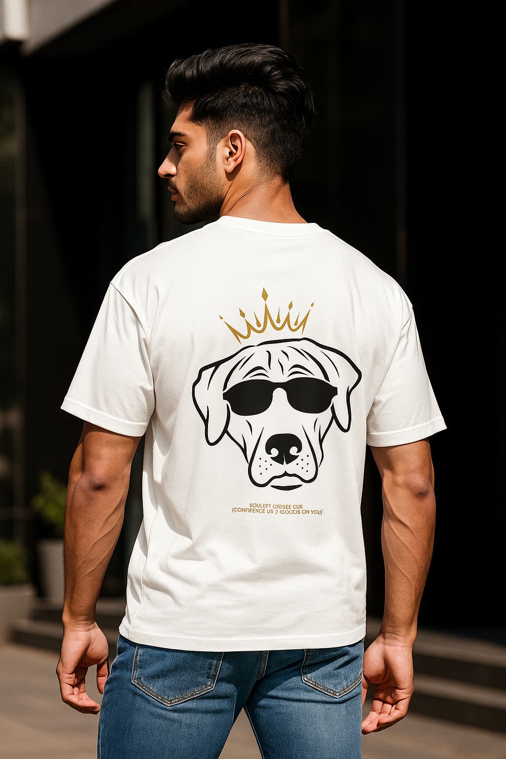 Man wearing a white t-shirt with a dog graphic and sunglasses on the back, standing outdoors.
