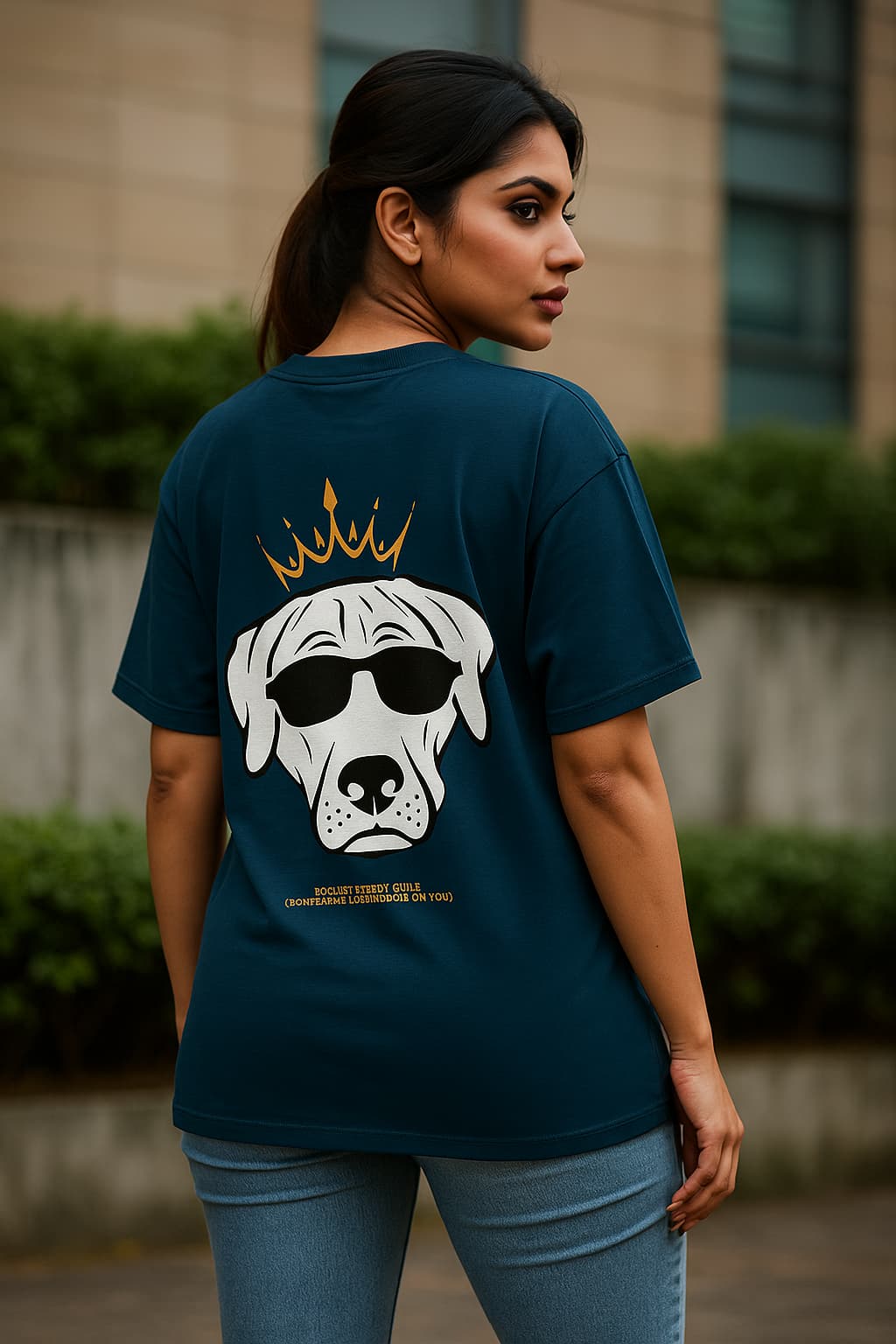 Woman wearing a teal t-shirt with a dog graphic and text outdoors.