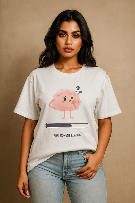 Woman wearing a white t-shirt with a brain graphic and text on a beige background