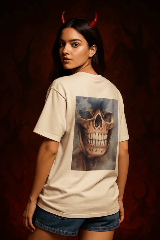 Indian female model wearing an oversized off-white T-shirt with a bold skull graphic on the back, styled with denim shorts. The model poses confidently against a dark horror-themed devil background with red tones and shadowy figures, adding a dramatic and bold streetwear vibe.