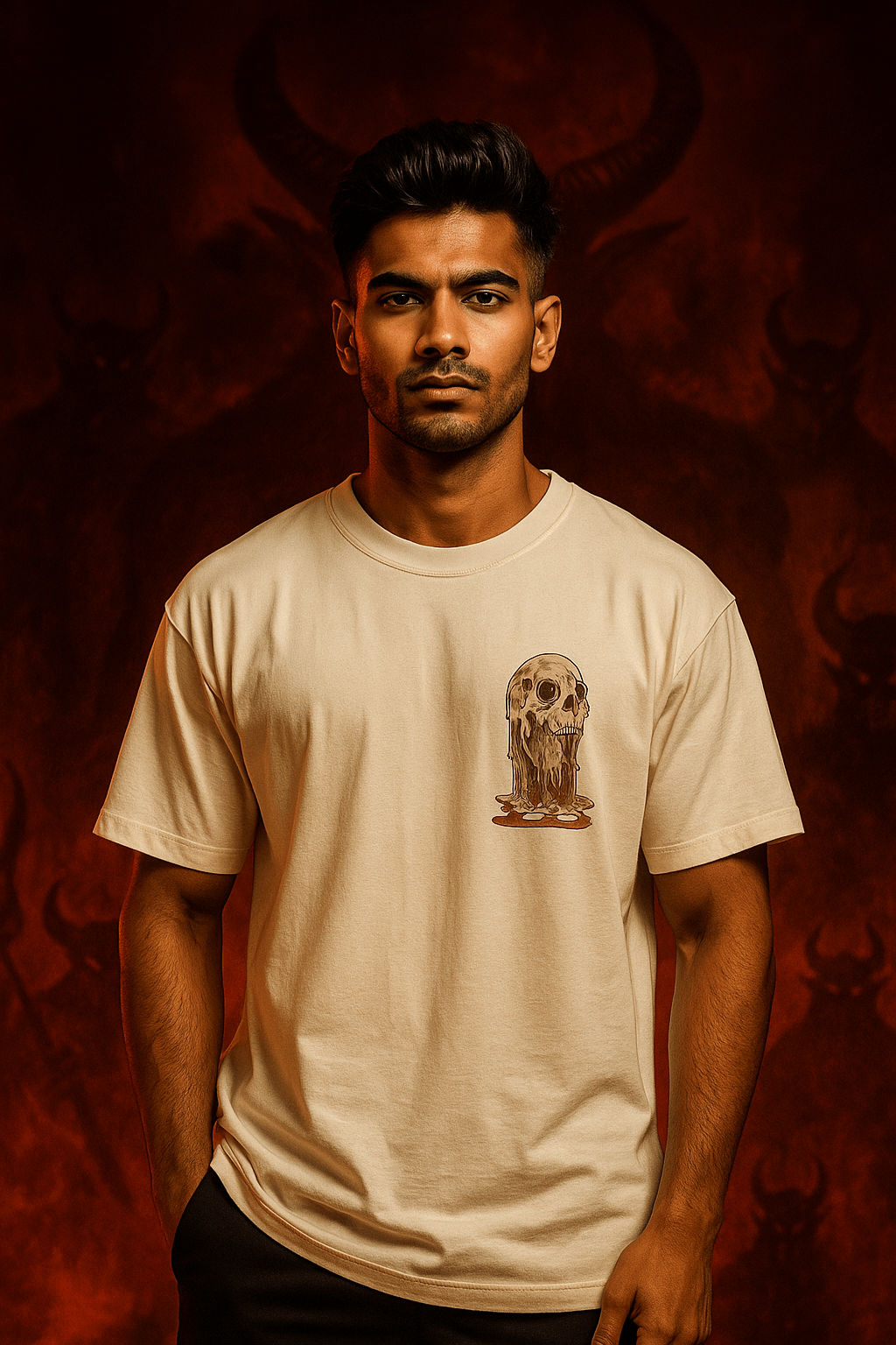 Oversized off-white t-shirt featuring a bold horror-inspired graphic on the front left chest. The design showcases a melting human skull dripping into a pool of blood, creating a dark, devilish aesthetic perfect for gothic and streetwear fashion.