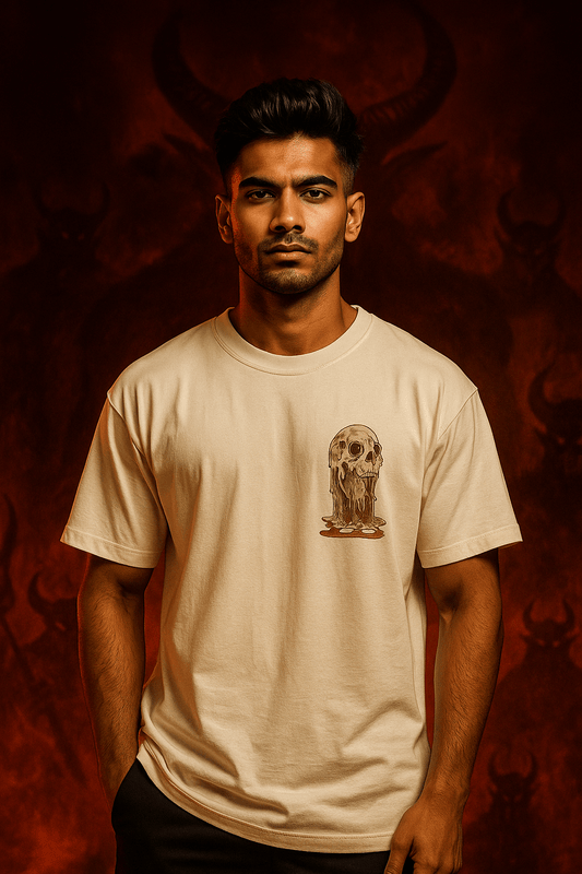 Oversized off-white t-shirt featuring a bold horror-inspired graphic on the front left chest. The design showcases a melting human skull dripping into a pool of blood, creating a dark, devilish aesthetic perfect for gothic and streetwear fashion.