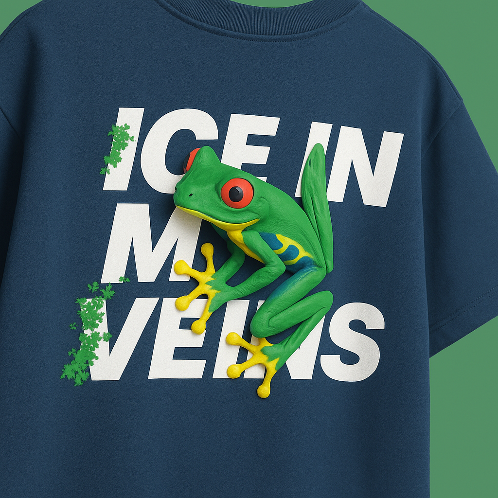 Navy blue t-shirt with a green frog graphic and text on a green background