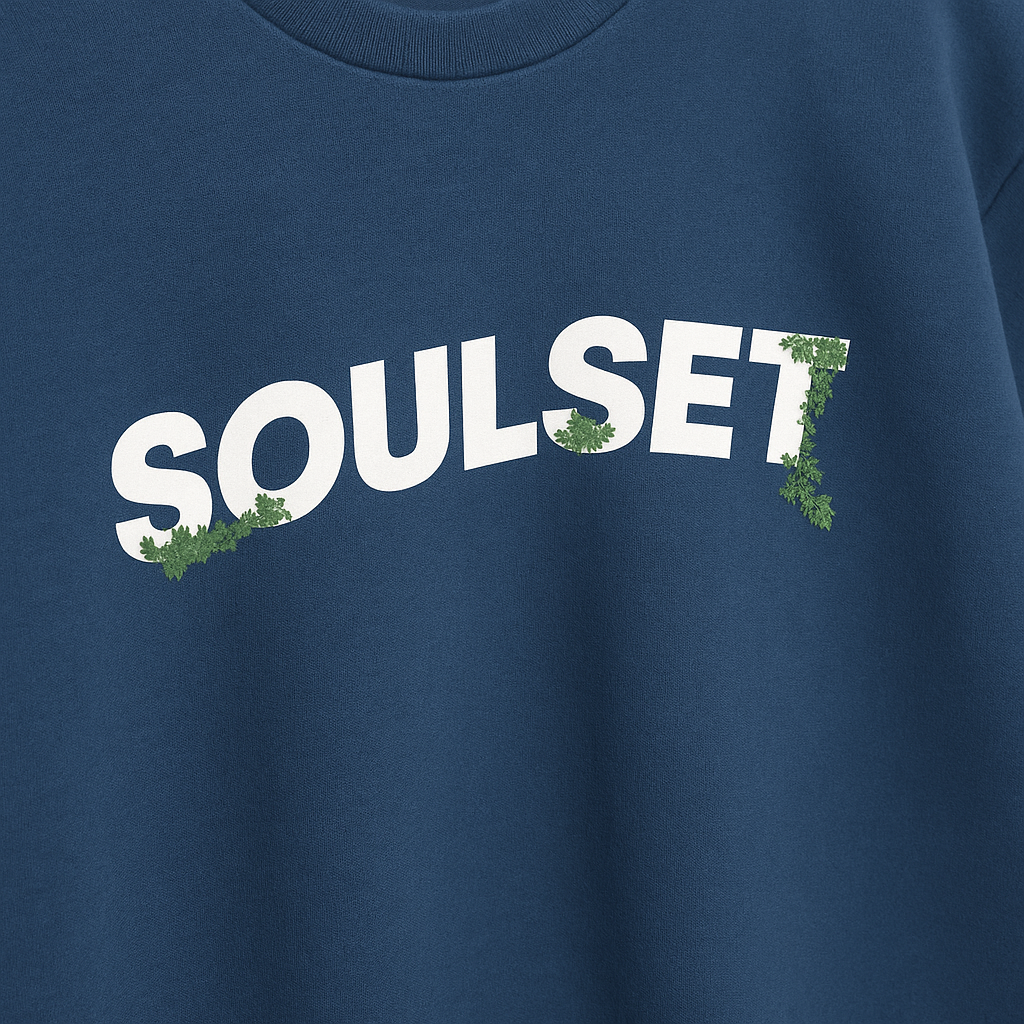 Navy blue sweatshirt with 'SOULSET' printed in white and green on a plain background