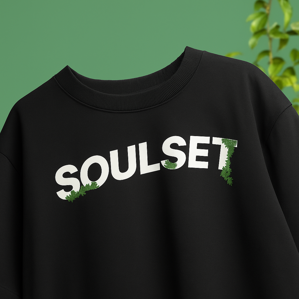 Black sweatshirt with 'SOULSET printed on it against a green background