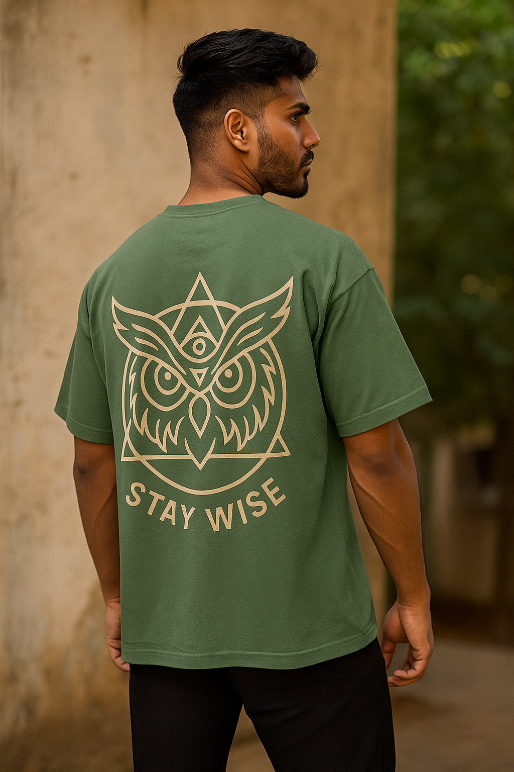 Man wearing a green t-shirt with an owl design and 'Stay Wise' text on the back, standing against a beige wall.