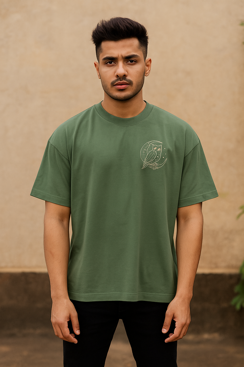 Man wearing a green t-shirt with a logo against a beige wall