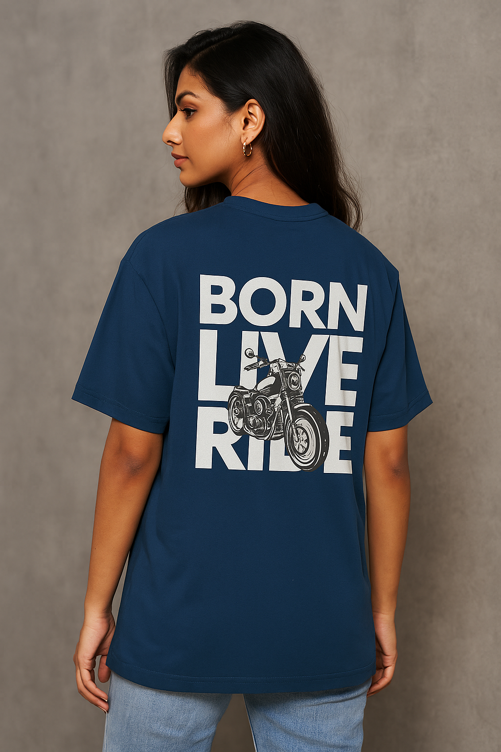 Person wearing a navy blue t-shirt with 'Born Live Ride' text and motorcycle graphic on the back.