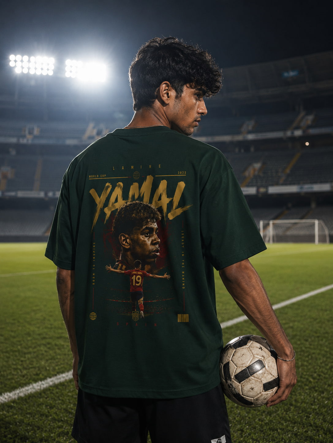Person wearing a green sports jersey with 'YamaL' printed on it, holding a soccer ball on a stadium field.