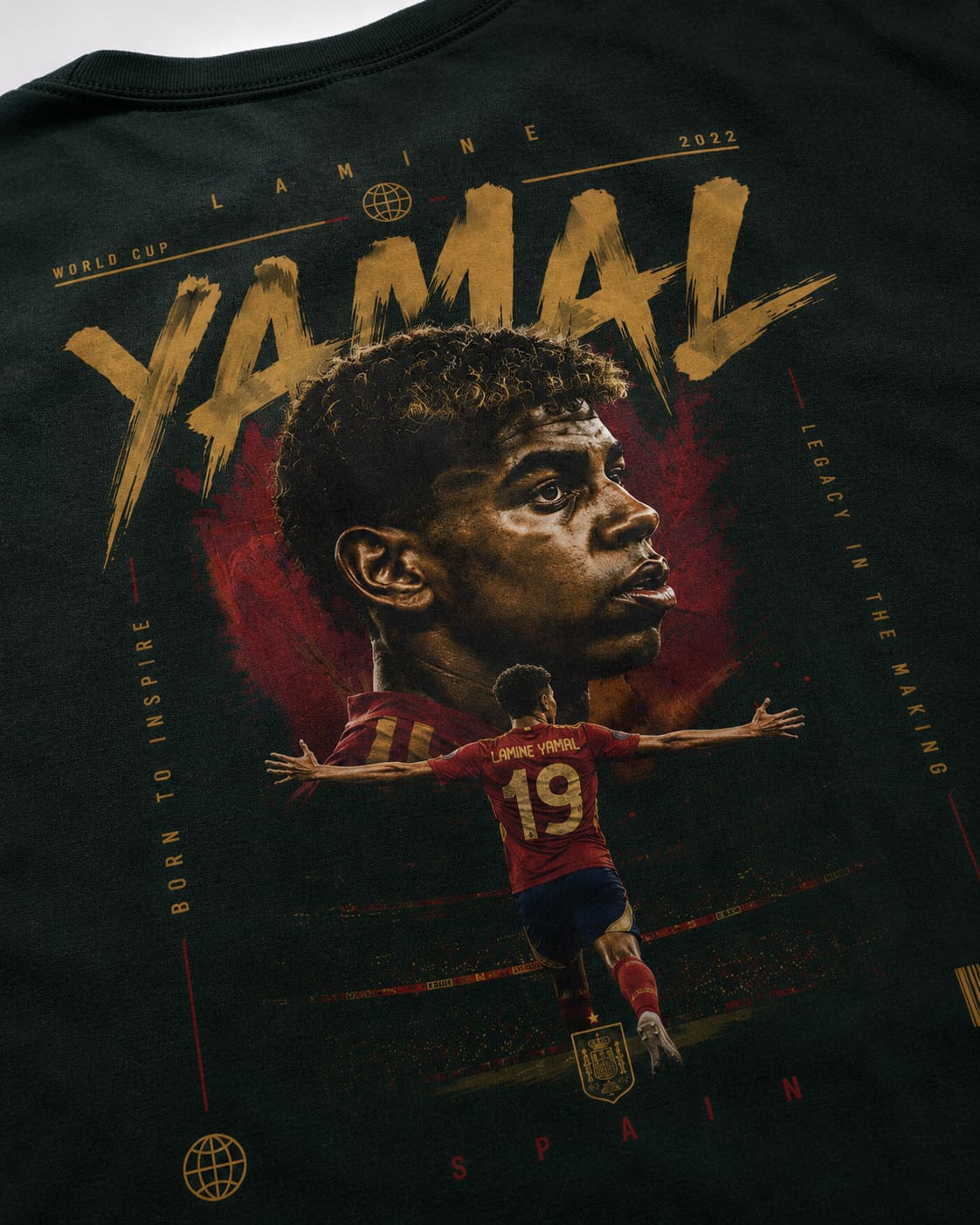 Black t-shirt with a graphic of a soccer player and the name 'Yamal' in gold letters.