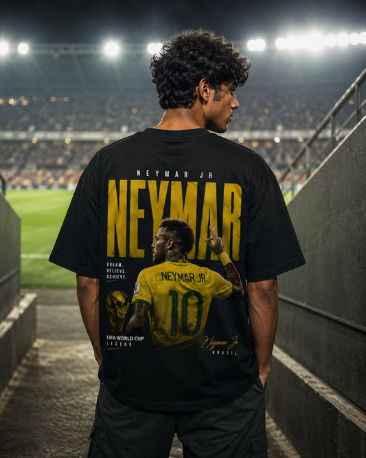 Person wearing a Neymar Jr. t-shirt with a stadium in the background