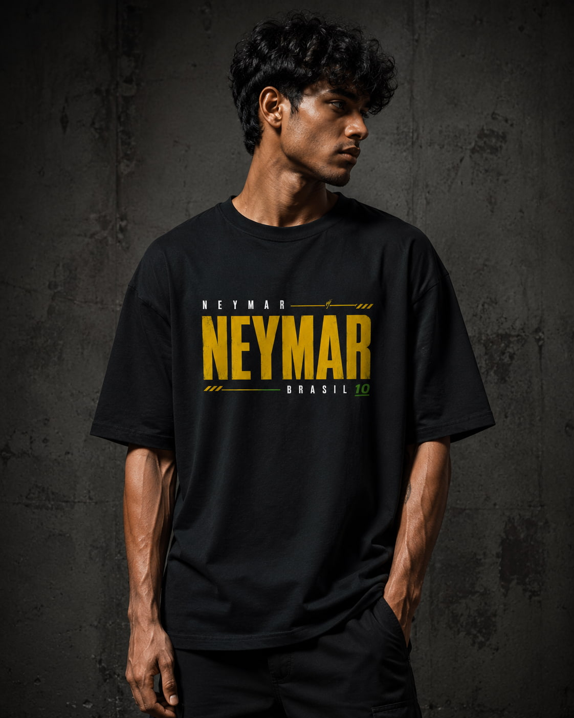 Person wearing a black t-shirt with 'NEYMAR' printed in yellow on a dark background