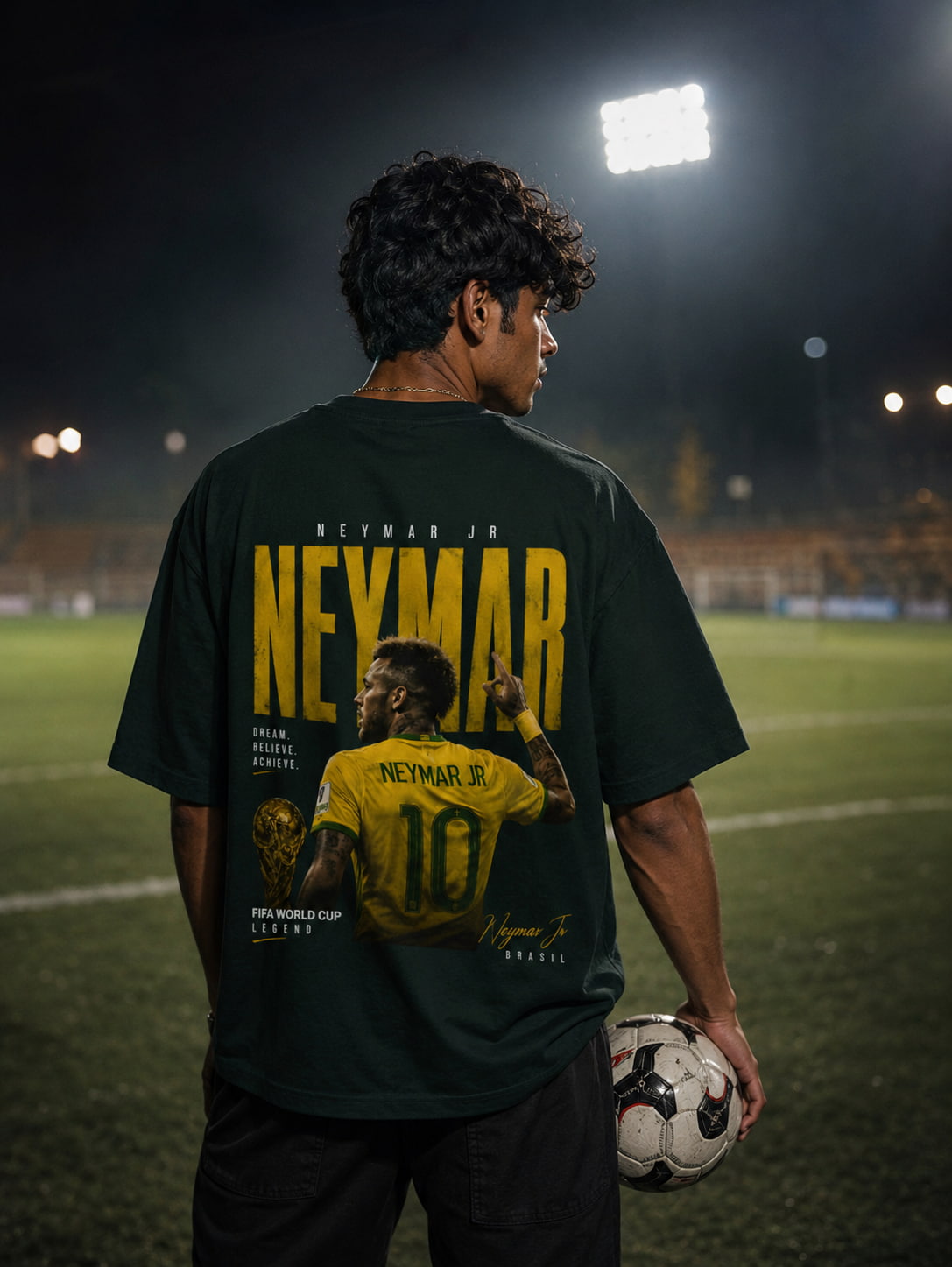 Person wearing a Neymar Jr. t-shirt on a soccer field at night