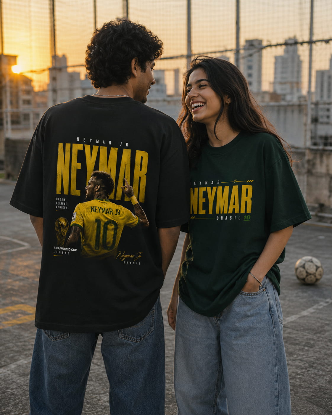 Two people wearing Neymar Jr. t-shirts on a rooftop with a cityscape background.