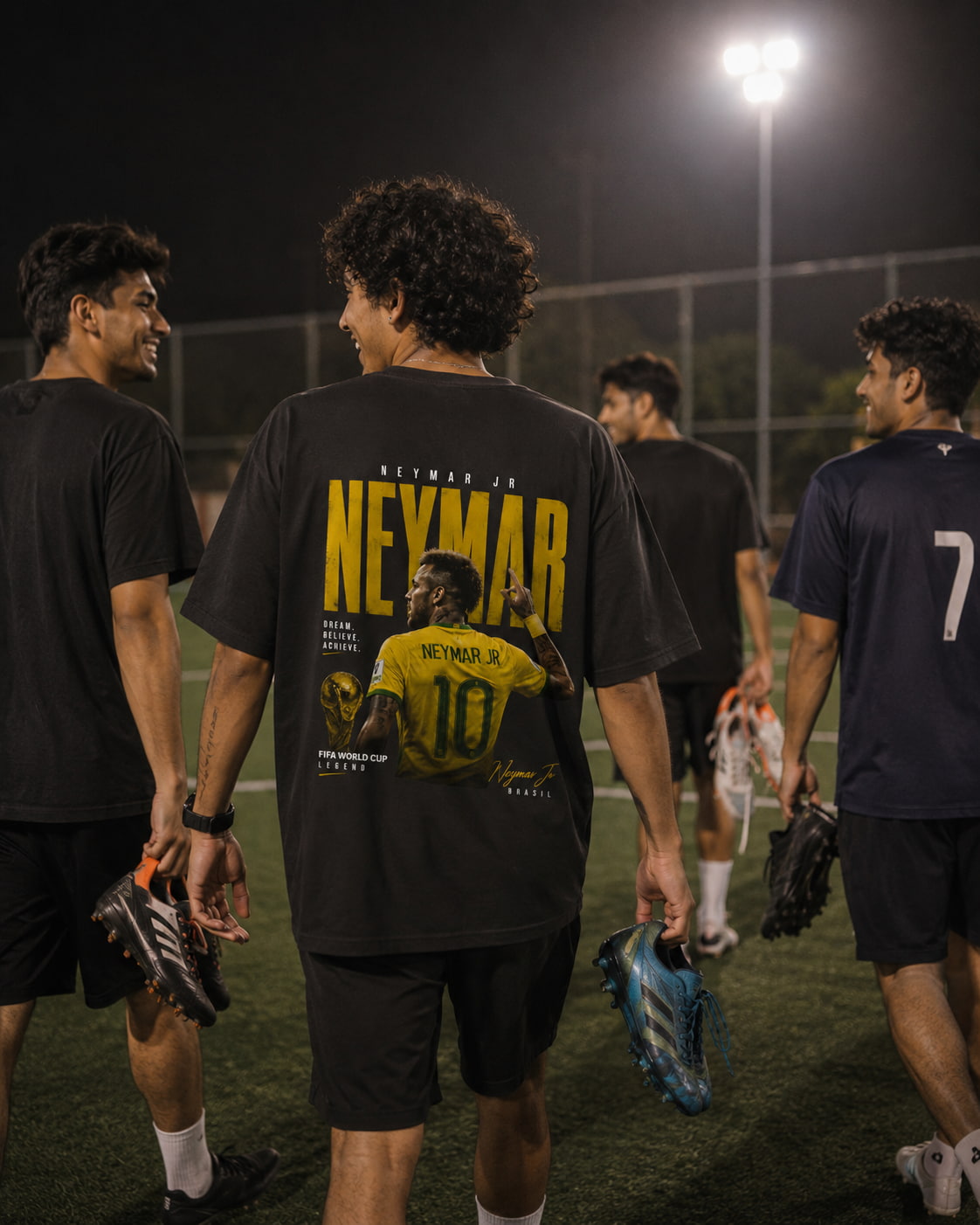 Person wearing a black t-shirt with 'NEYMAR' and number '10' on a sports field at night.