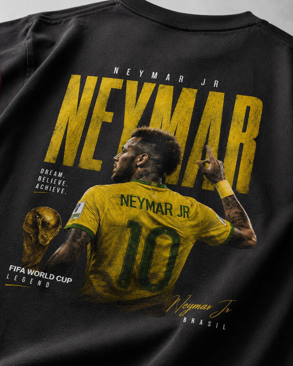 Black t-shirt with yellow text and graphics of Neymar Jr.