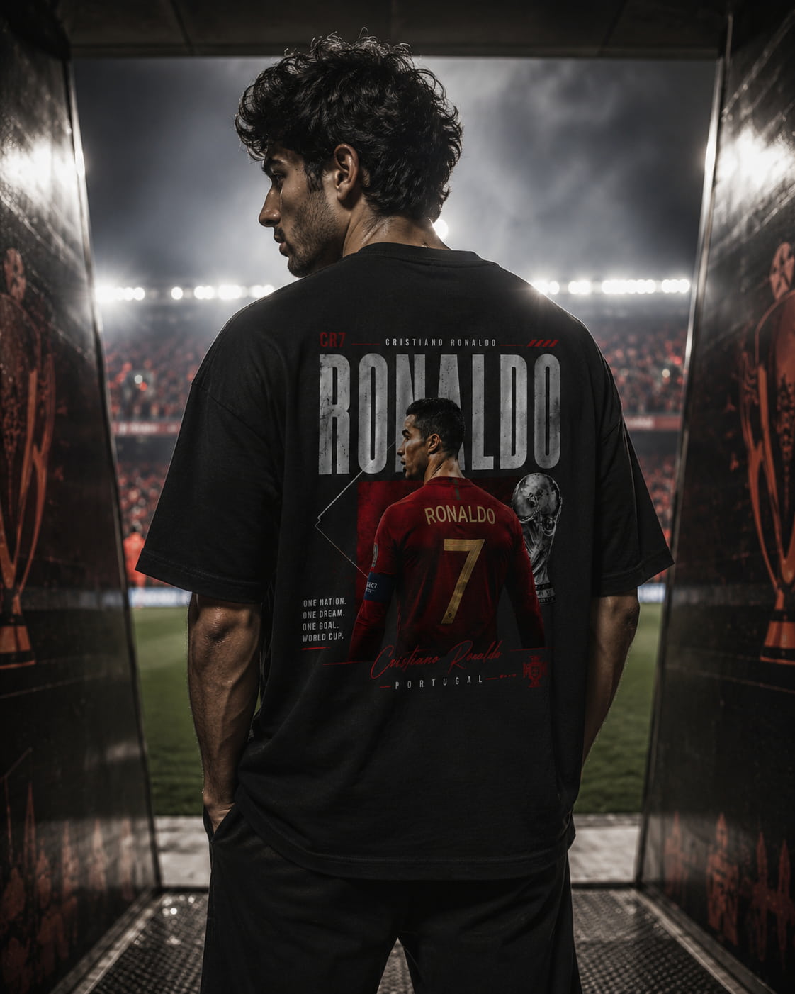 Person wearing a black t-shirt with 'Ronaldo' and number '7' on the back, standing in a stadium.