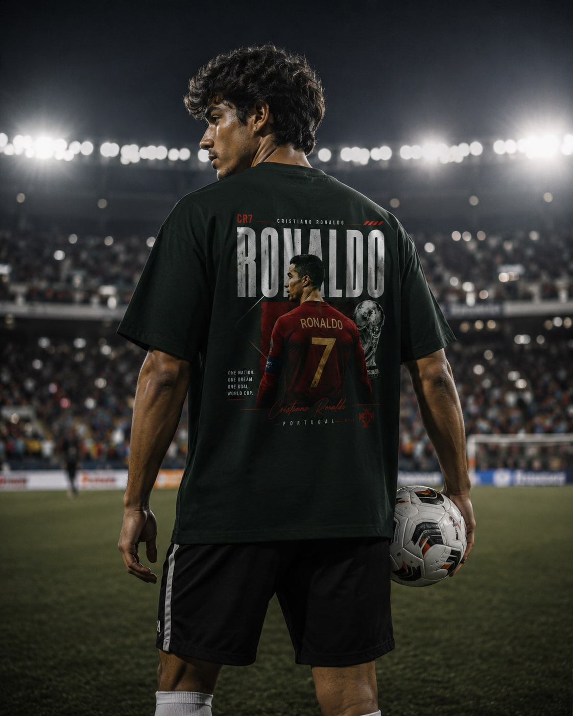 Person wearing a black t-shirt with a soccer player graphic and 'Ronaldo' text on a soccer field.