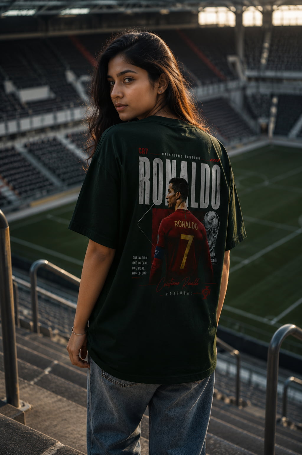 Person wearing a t-shirt with a soccer player graphic and 'Ronaldo' text in an outdoor stadium setting.