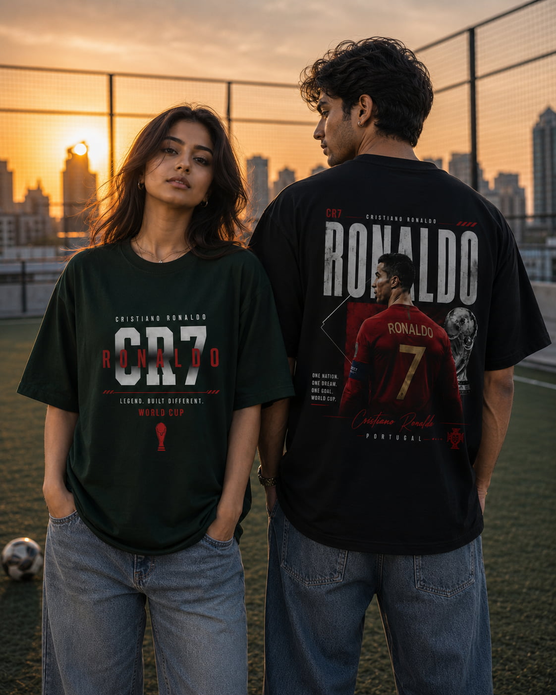 Two people wearing Cristiano Ronaldo-themed t-shirts with a cityscape in the background.