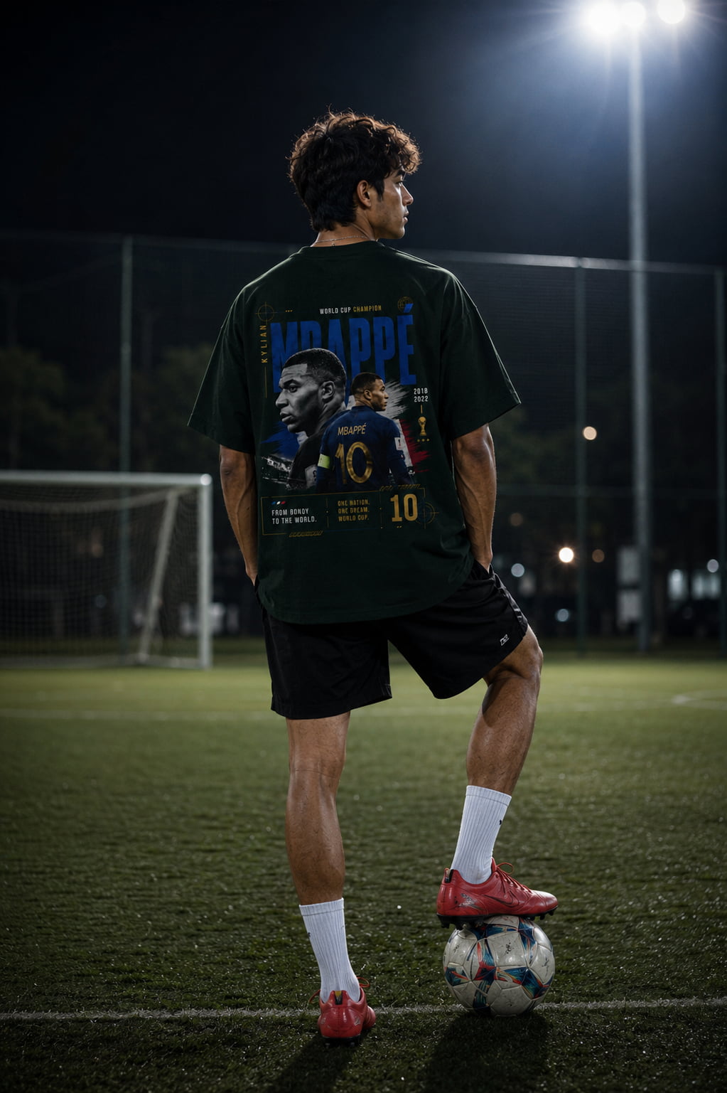 Person on a soccer field wearing a black t-shirt with graphics and text, standing on a soccer ball.