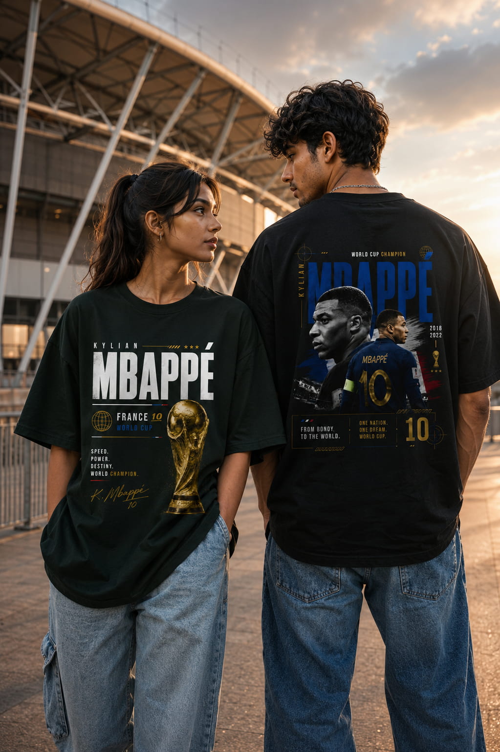 Two people wearing black t-shirts with sports-themed graphics and text, standing outdoors.